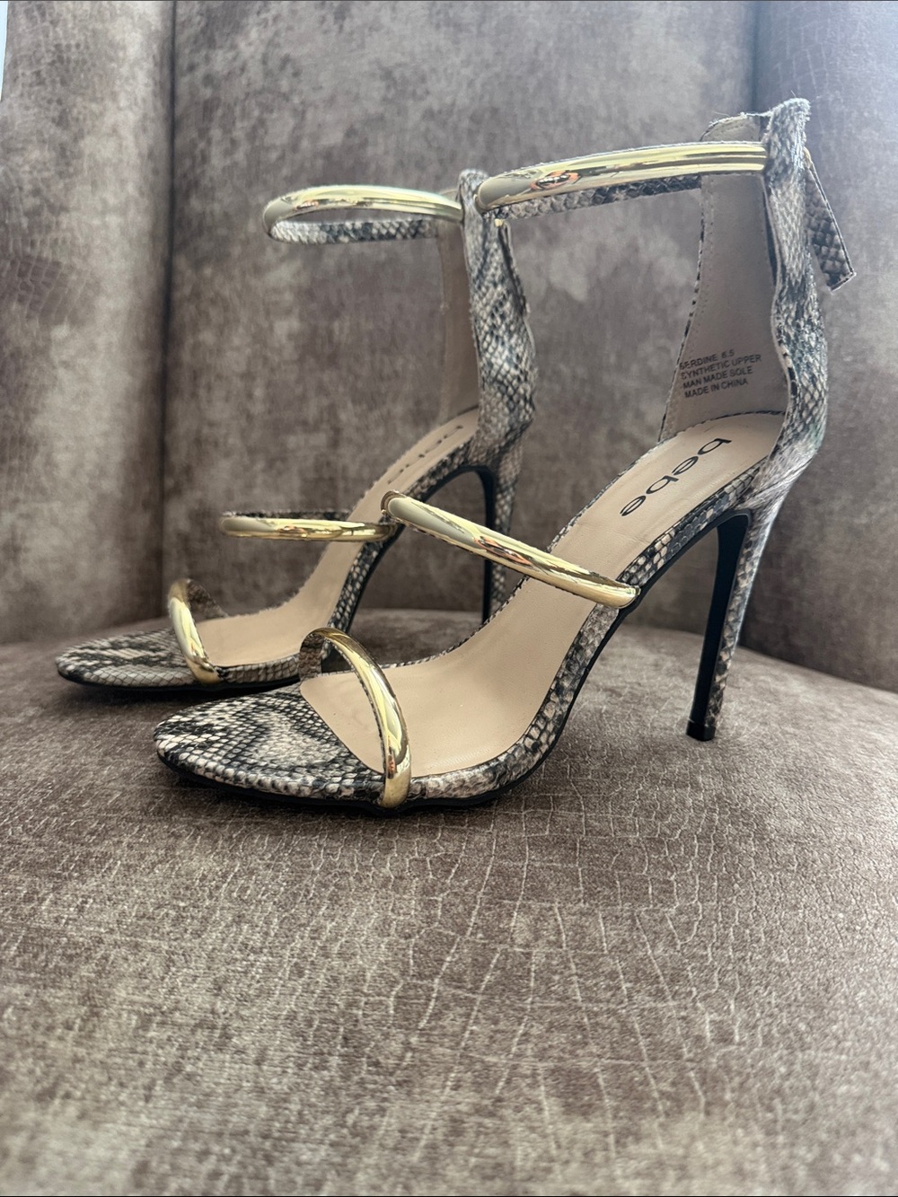 bebe Snake-Print Stiletto Sandals with Gold Accents